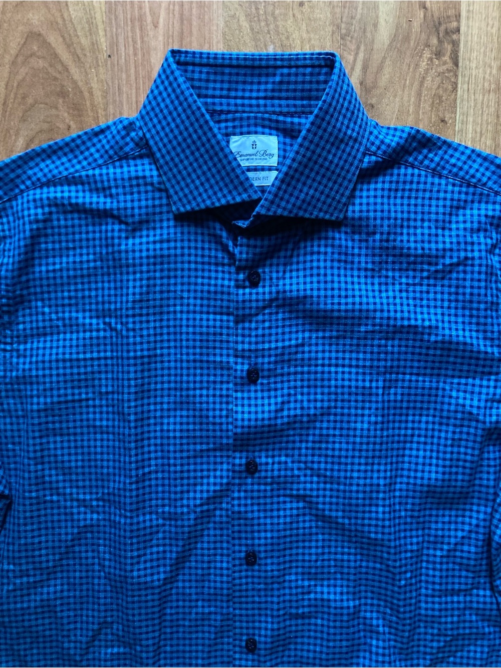 Emanuel Berg Modern Fit Blue Check Mens 17-43 Long Sleeve Button Up Shirt